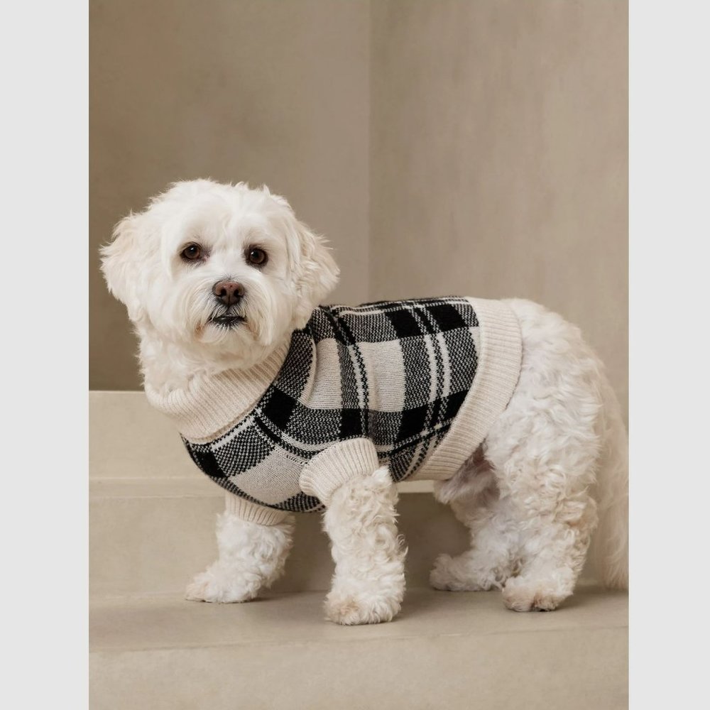 Banana Republic Dog Sweater Black & Damaska White Sz L Lazar Plaid